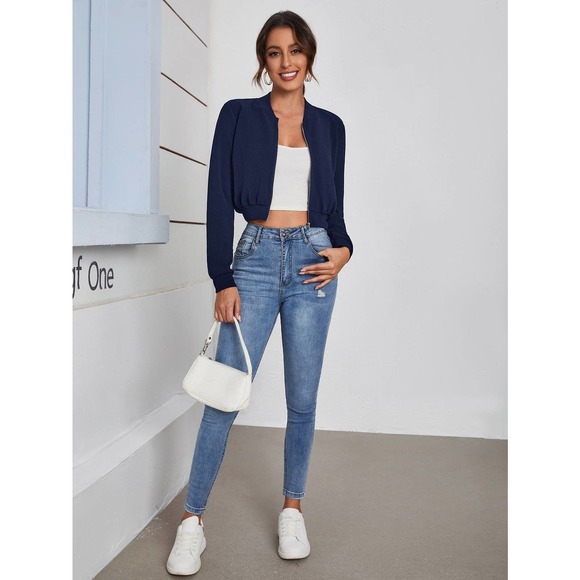 Zip Up Crop Bomber Jacket white - Picture 11 of 11